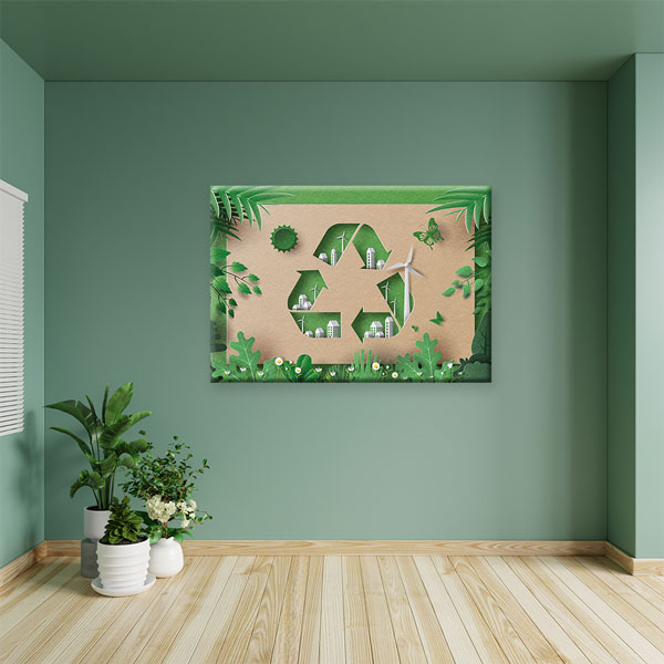 Geri Dönüşüm Sembollü Şehir ve Doğa Temalı Duvar Tablosu – 10362