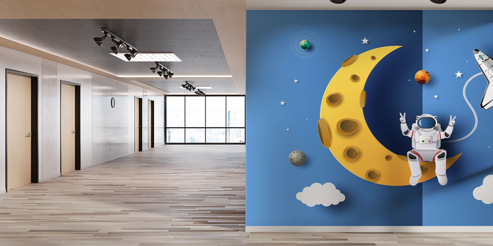 Uzay Macerası Temalı Duvar Kağıdı - Eğitim Kurumları için Sanatsal Duvar Giydirme 10329