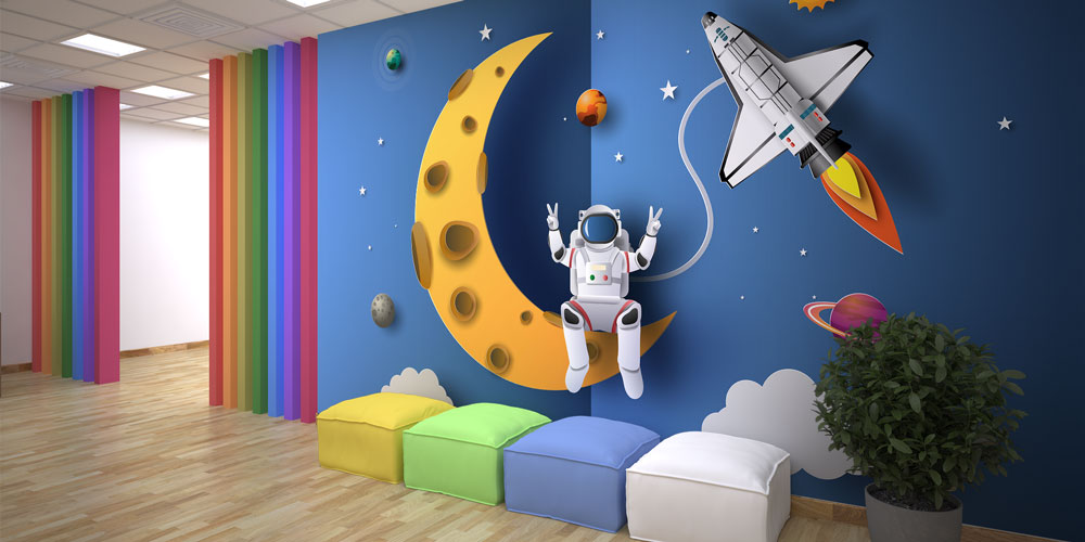 Uzay Macerası Temalı Duvar Kağıdı - Eğitim Kurumları için Sanatsal Duvar Giydirme 10329