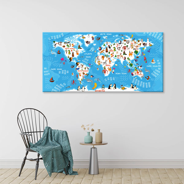 Hayvanlı ve Eğlenceli Çocuk Dünya Haritası Tablosu - Sınıf ve Oyun Odası – 10381