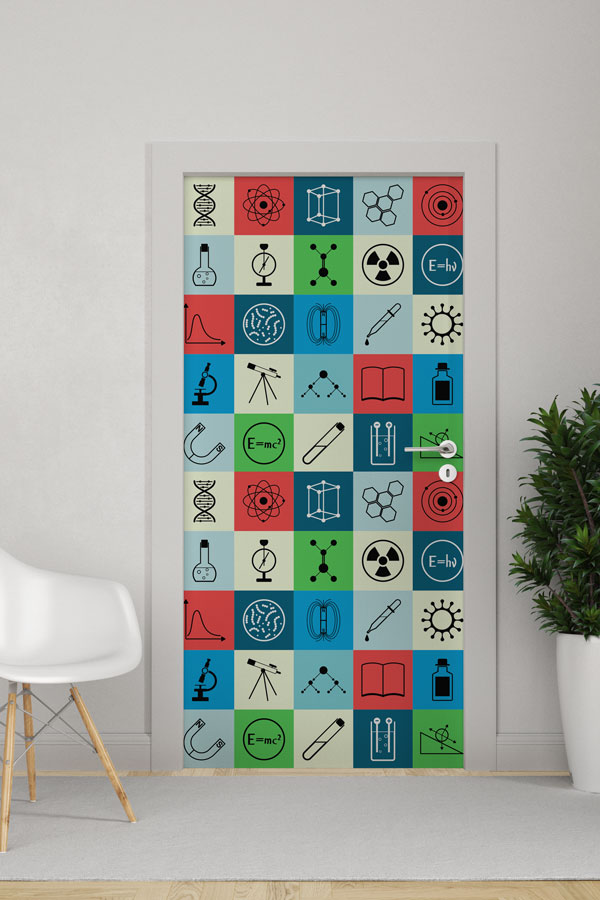 school-science-class-door-8531-0 Renkli Bilim Sembolleri Mozaik Desenli Dekoratif Kapı Giydirme - Fen Bilimleri Sınıfı 8531