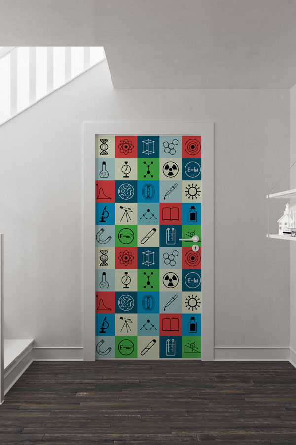school-science-class-door-8531-01 Renkli Bilim Sembolleri Mozaik Desenli Dekoratif Kapı Giydirme - Fen Bilimleri Sınıfı 8531