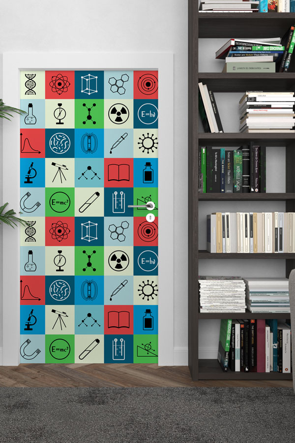 school-science-class-door-8531-02 Renkli Bilim Sembolleri Mozaik Desenli Dekoratif Kapı Giydirme - Fen Bilimleri Sınıfı 8531