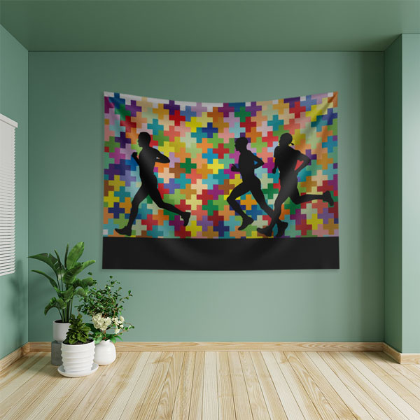 Renkli Mozaik Fonda Koşucu Silüetleri Duvar Örtüsü 8438