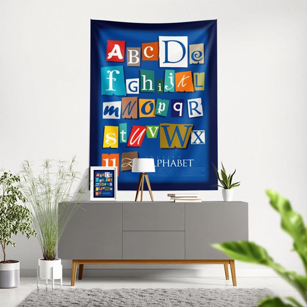 school-wall-art-decor-8427-00 Koyu Mavi "Gazete Kupürü" İngilizce Alfabe Duvar Örtüsü 8427