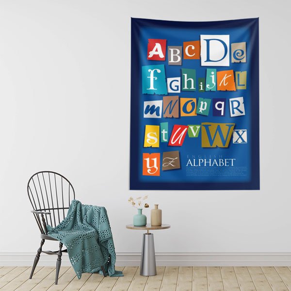 Koyu Mavi "Gazete Kupürü" İngilizce Alfabe Duvar Örtüsü 8427