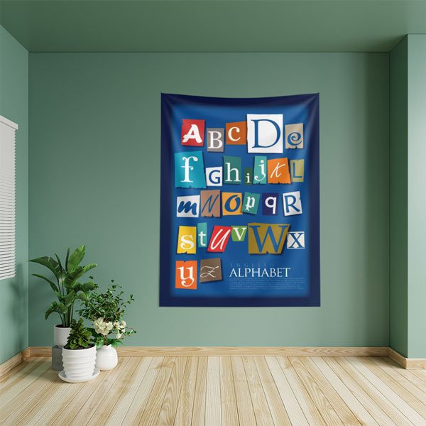 Koyu Mavi "Gazete Kupürü" İngilizce Alfabe Duvar Örtüsü 8427
