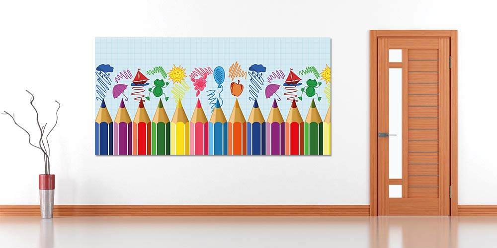 Renkli Kalemler ve Çocuk Çizimleri Temalı Okul Duvar Dekoru 4008