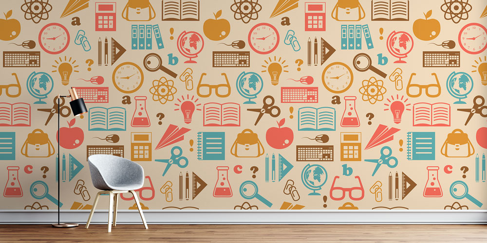 Eğitim Araçları ve Okul İkonları Desenli Retro Duvar Kağıdı 8009