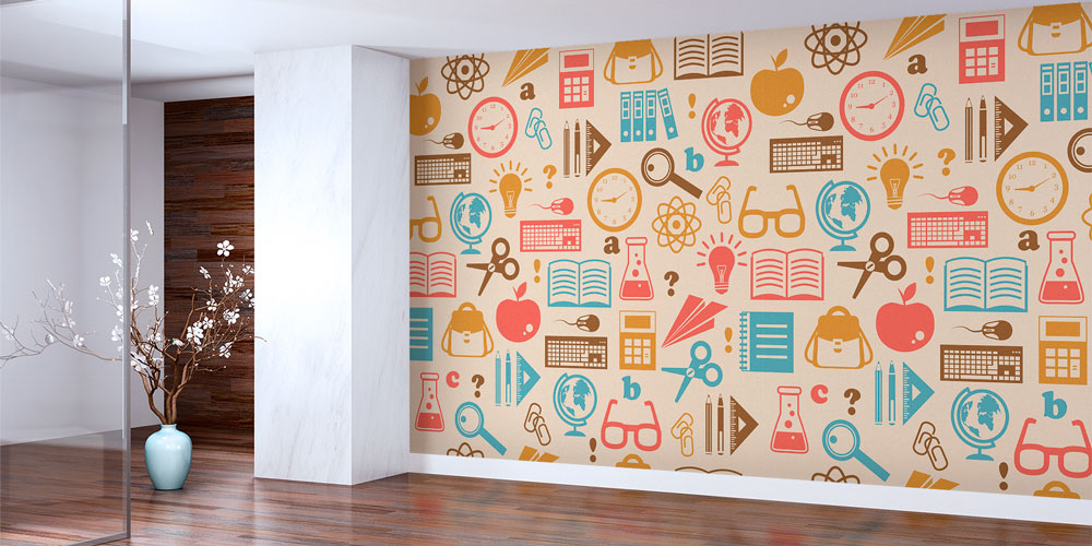 Eğitim Araçları ve Okul İkonları Desenli Retro Duvar Kağıdı 8009