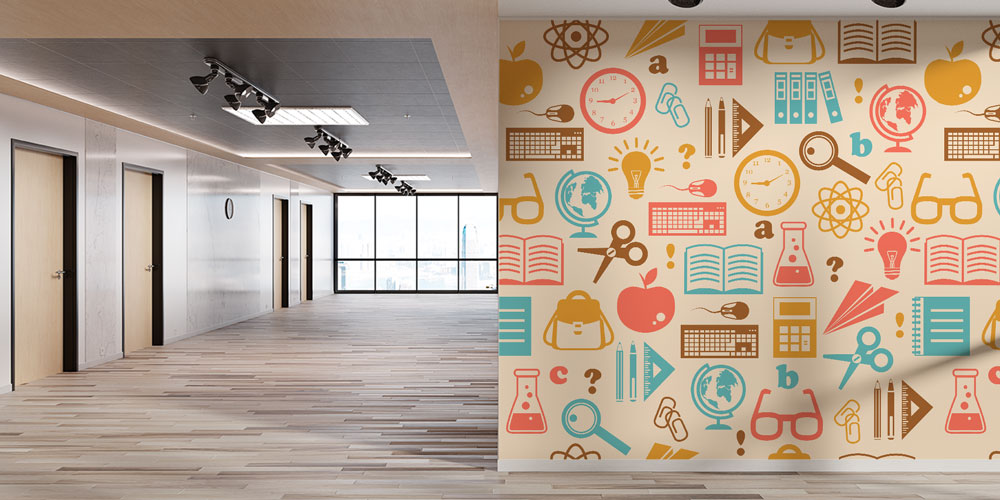 Eğitim Araçları ve Okul İkonları Desenli Retro Duvar Kağıdı 8009
