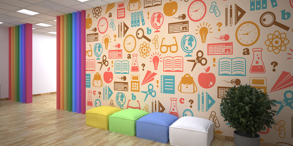 Eğitim Araçları ve Okul İkonları Desenli Retro Duvar Kağıdı 8009