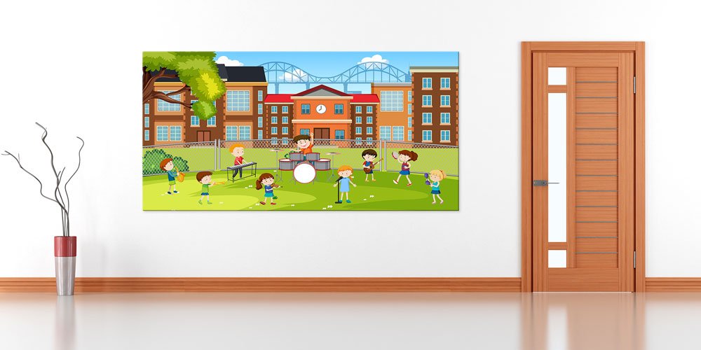school-wall-decoration-10231-02 Bu duvar tablosu okul bahçesinde müzik yapan ve 10231