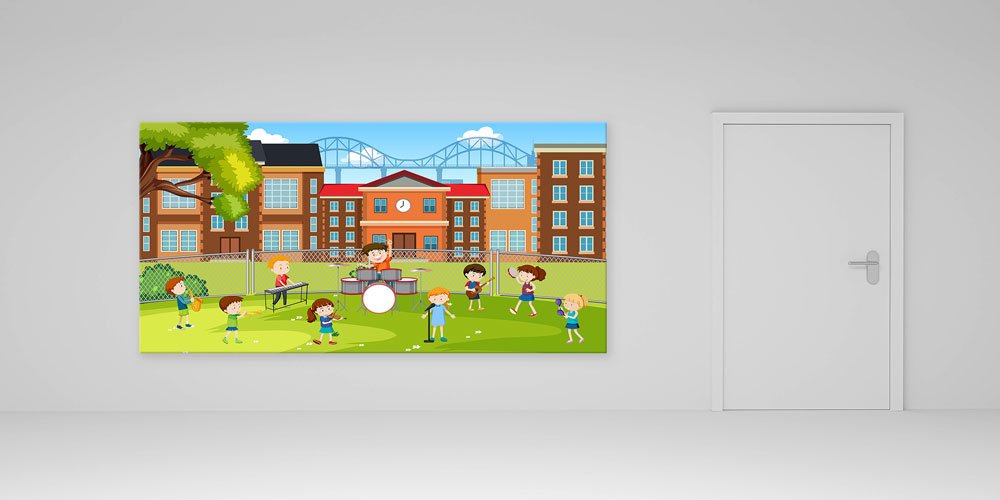 school-wall-decoration-10231-04 Bu duvar tablosu okul bahçesinde müzik yapan ve 10231