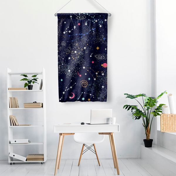 Yıldız Haritası ve Takımyıldızlar Temalı Dekoratif Duvar Flaması - Kozmik Gece Gökyüzü 10288-DF