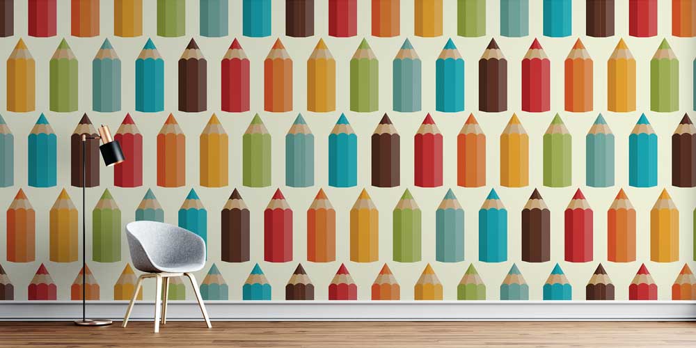 Renkli Boya Kalemleri Desenli Eğitici Duvar Kağıdı 1039