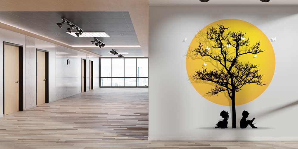 Okuyan Çocuklar ve Ağaç Silüeti Duvar Kağıdı 1081