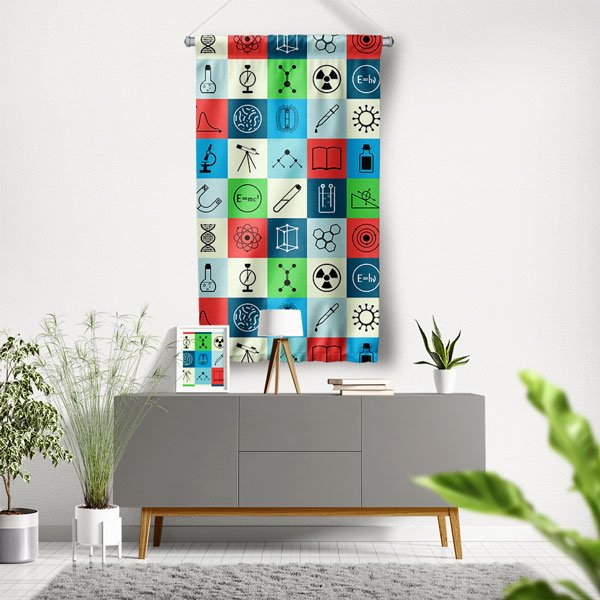 Bilimsel Sembollü Duvar Flaması | Modern Eğitim Sınıfı Dekoru 10277