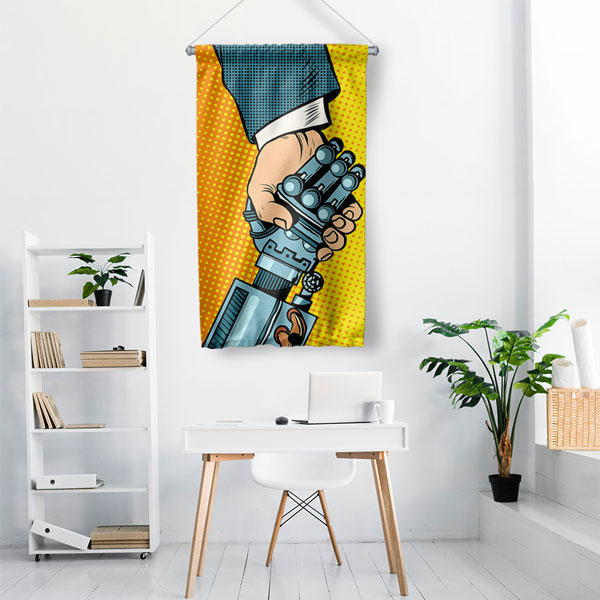 İnsan ve Robot El Sıkışma Temalı Dekoratif Duvar Flaması - Yapay Zeka & Teknoloji Sanatı 10280-DF