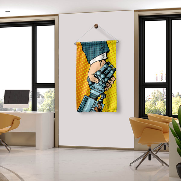 İnsan ve Robot El Sıkışma Temalı Dekoratif Duvar Flaması - Yapay Zeka & Teknoloji Sanatı 10280-DF