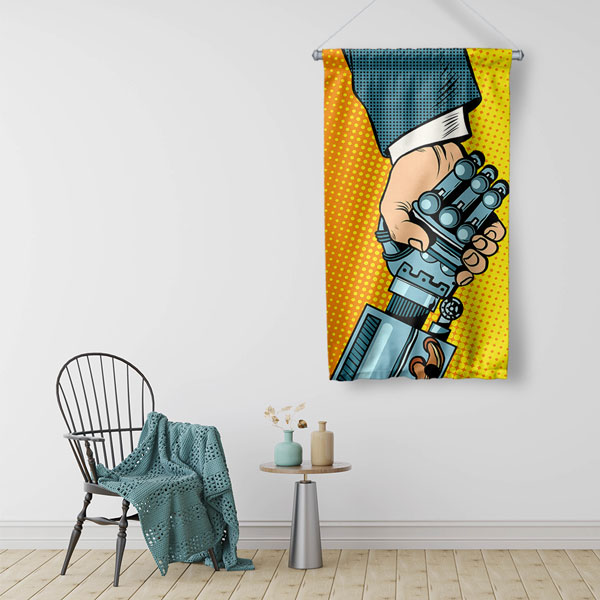 İnsan ve Robot El Sıkışma Temalı Dekoratif Duvar Flaması - Yapay Zeka & Teknoloji Sanatı 10280-DF