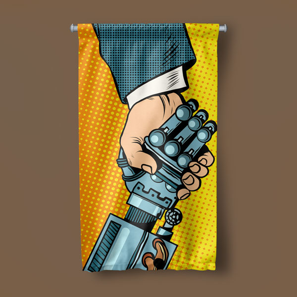 İnsan ve Robot El Sıkışma Temalı Dekoratif Duvar Flaması - Yapay Zeka & Teknoloji Sanatı 10280-DF