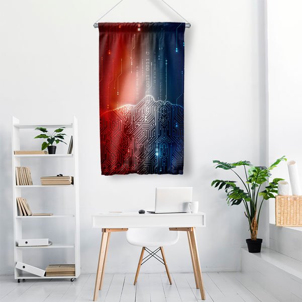 Devre Kartı Desenli Dekoratif Duvar Flaması - Kırmızı Mavi Teknolojik Tasarım 10281