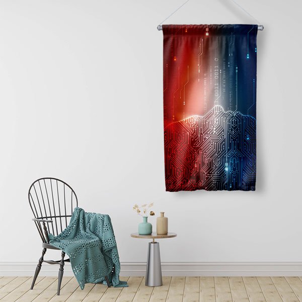 Devre Kartı Desenli Dekoratif Duvar Flaması - Kırmızı Mavi Teknolojik Tasarım 10281