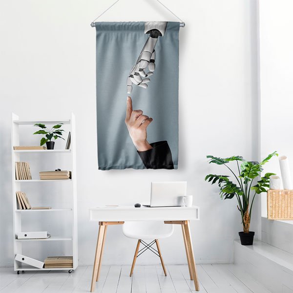 Robot ve İnsan Parmağı Temas Temalı Dekoratif Duvar Flaması - Yapay Zeka & Gelecek Konsepti 10282