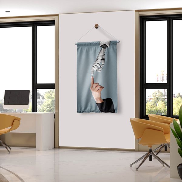 Robot ve İnsan Parmağı Temas Temalı Dekoratif Duvar Flaması - Yapay Zeka & Gelecek Konsepti 10282