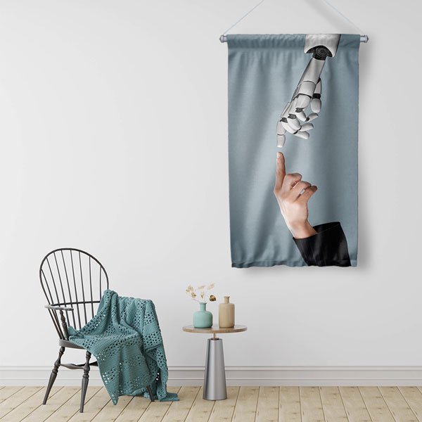 Robot ve İnsan Parmağı Temas Temalı Dekoratif Duvar Flaması - Yapay Zeka & Gelecek Konsepti 10282