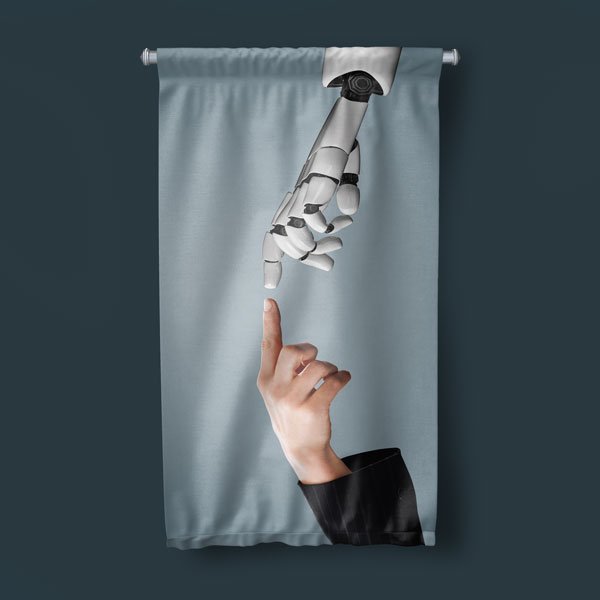 Robot ve İnsan Parmağı Temas Temalı Dekoratif Duvar Flaması - Yapay Zeka & Gelecek Konsepti 10282