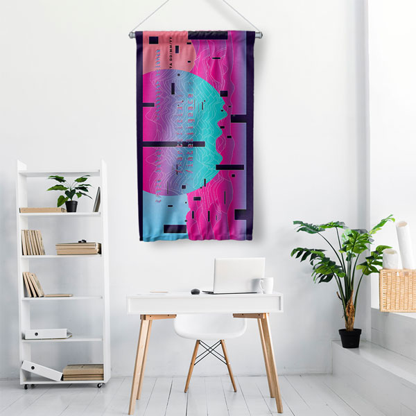 Dijital İnsan Profili ve Soyut Dalgalar Temalı Dekoratif Duvar Flaması - Fütüristik Sanat 10285-DF