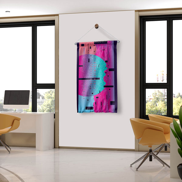 Dijital İnsan Profili ve Soyut Dalgalar Temalı Dekoratif Duvar Flaması - Fütüristik Sanat 10285-DF