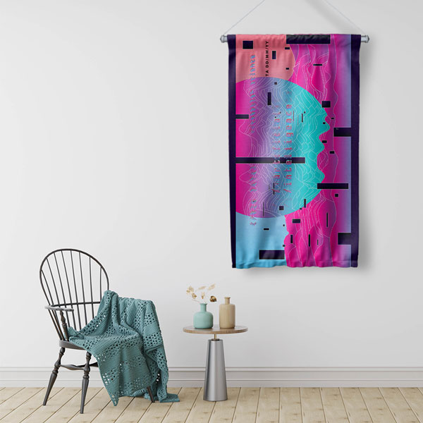 Dijital İnsan Profili ve Soyut Dalgalar Temalı Dekoratif Duvar Flaması - Fütüristik Sanat 10285-DF