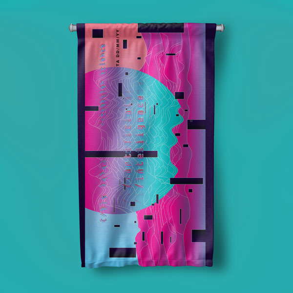 Dijital İnsan Profili ve Soyut Dalgalar Temalı Dekoratif Duvar Flaması - Fütüristik Sanat 10285-DF