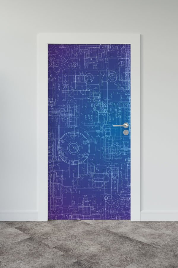 Mavi Teknik Çizim Temalı Kapı Giydirme | Fen ve Teknoloji Sınıfı Kapı Tasarımı 8543
