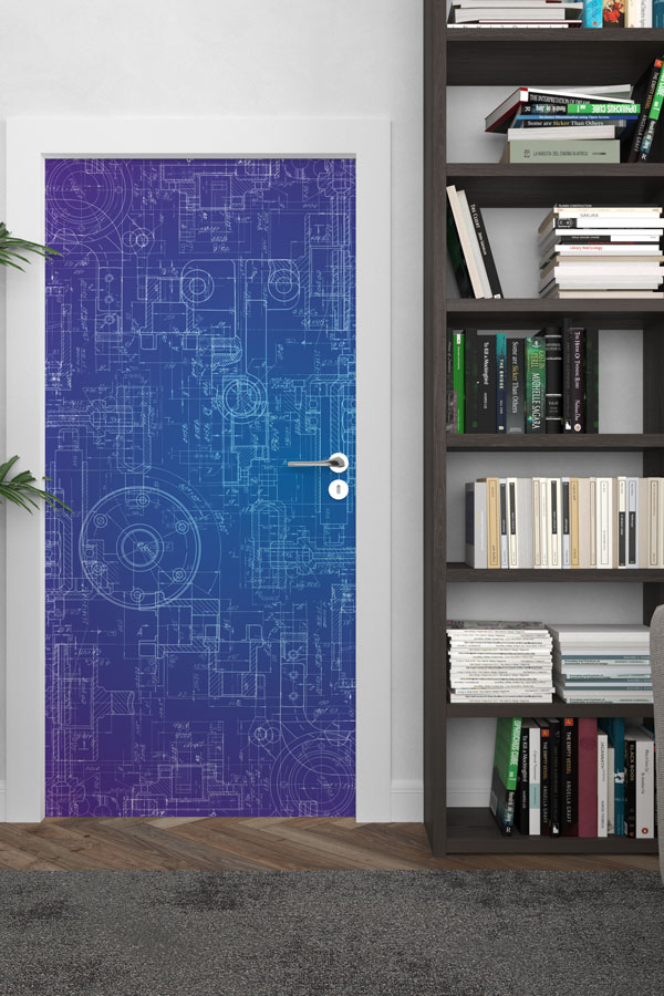 science-class-door-decor-8543-02 Mavi Teknik Çizim Temalı Kapı Giydirme | Fen ve Teknoloji Sınıfı Kapı Tasarımı 8543