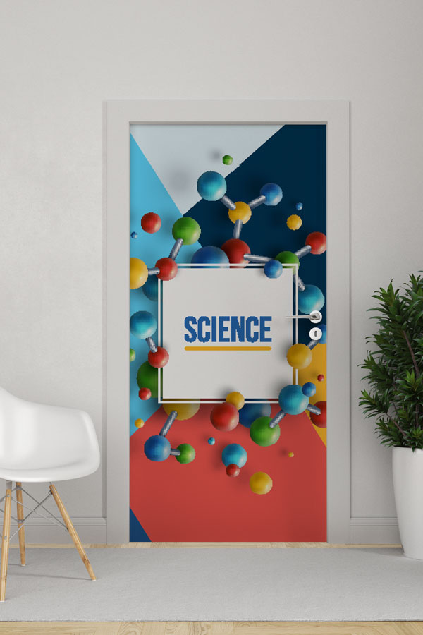 Soyut Molekül ve Geometrik Desenli Okul Kapısı Giydirme - Bilim Sınıfları İçin 9298