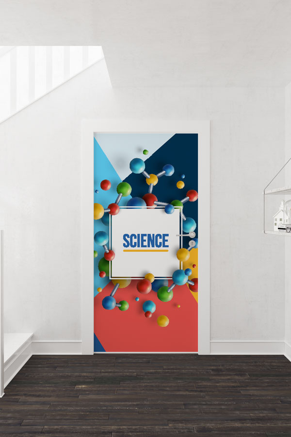 Soyut Molekül ve Geometrik Desenli Okul Kapısı Giydirme - Bilim Sınıfları İçin 9298