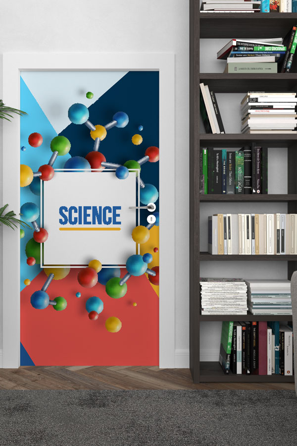 Soyut Molekül ve Geometrik Desenli Okul Kapısı Giydirme - Bilim Sınıfları İçin 9298