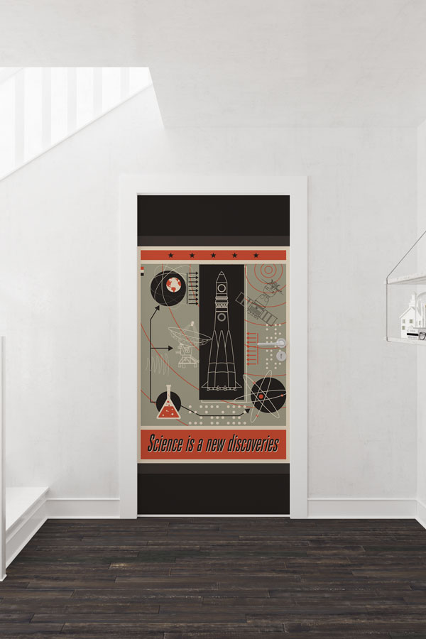 Retro Bilim ve Uzay Araştırmaları Temalı Okul Kapısı Giydirme 9301