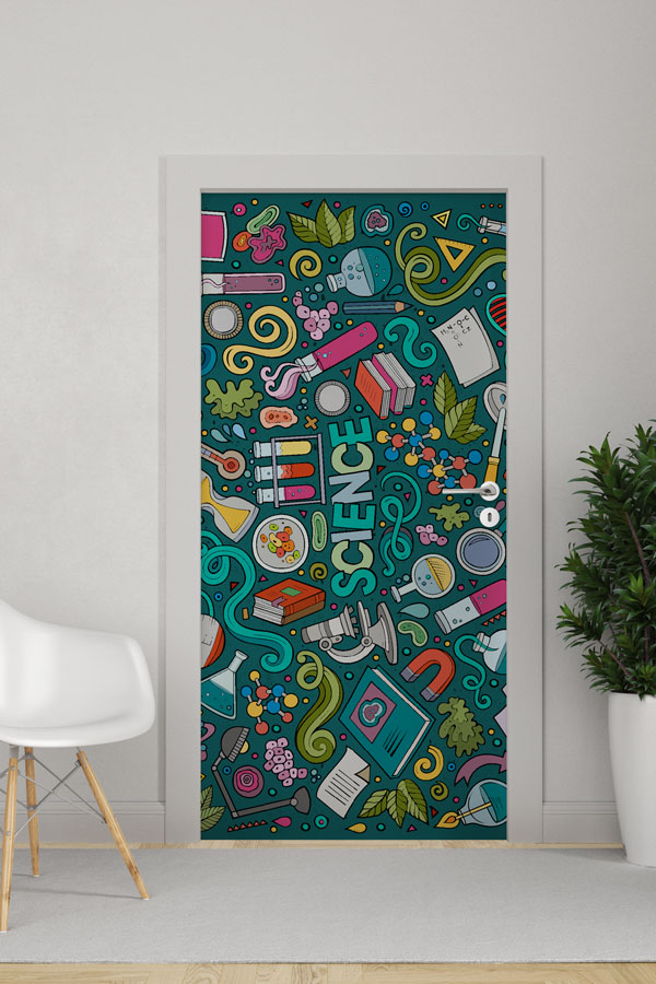 Eğlenceli Bilim Doodle Desenli Okul Kapısı Giydirme - Yaratıcı Sınıflar İçin 9294