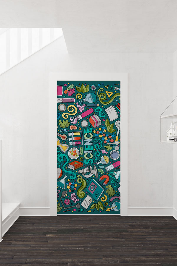 Eğlenceli Bilim Doodle Desenli Okul Kapısı Giydirme - Yaratıcı Sınıflar İçin 9294