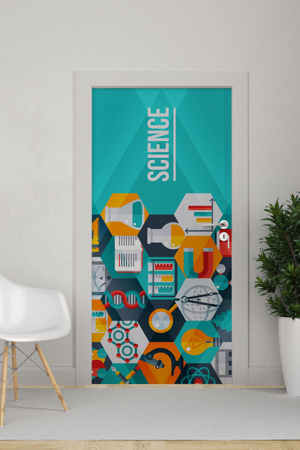 Bilim Temalı Hexagon Desenli Okul Kapısı Giydirme - Modern ve Eğitici Sınıflar İçin 9297