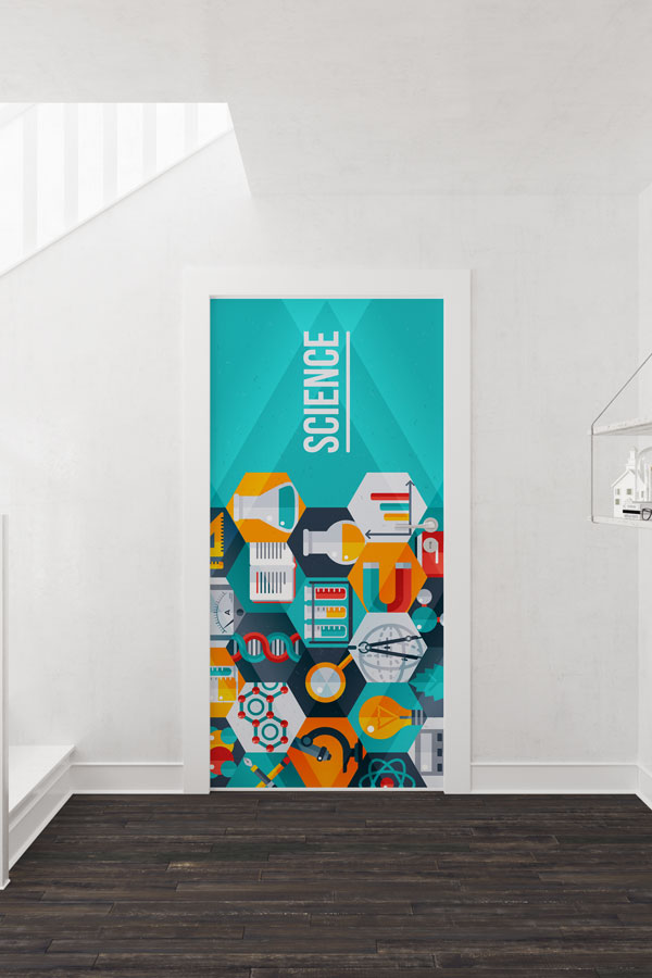 Bilim Temalı Hexagon Desenli Okul Kapısı Giydirme - Modern ve Eğitici Sınıflar İçin 9297