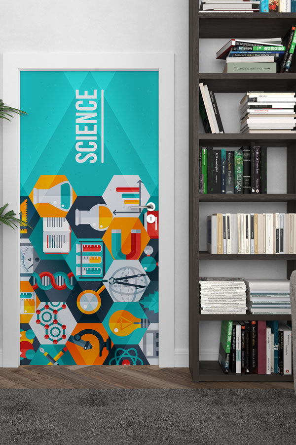 Bilim Temalı Hexagon Desenli Okul Kapısı Giydirme - Modern ve Eğitici Sınıflar İçin 9297