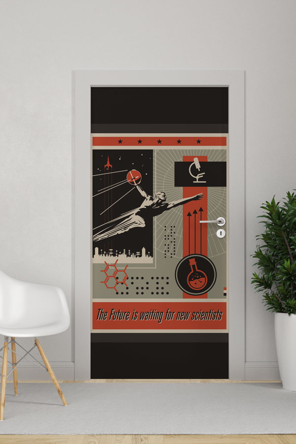 Retro Gelecek Bilim İnsanlarını Bekliyor Temalı Okul Kapısı Giydirme 9302