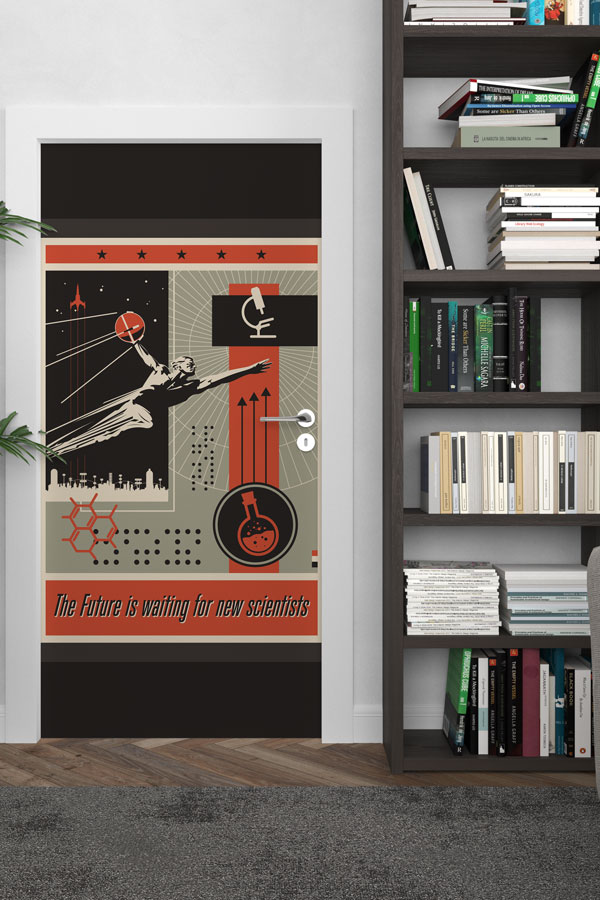 Retro Gelecek Bilim İnsanlarını Bekliyor Temalı Okul Kapısı Giydirme 9302
