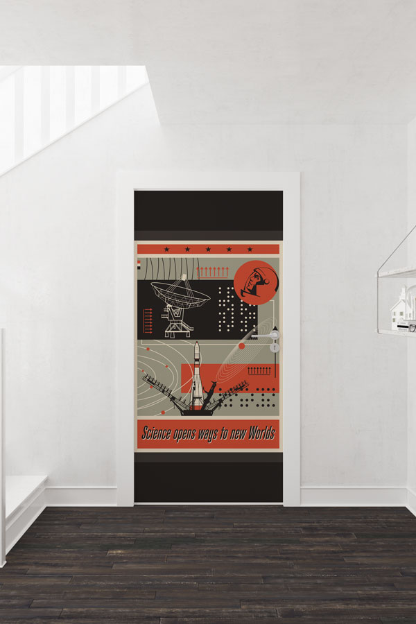 Retro Uzay ve Keşif Temalı Okul Kapısı Giydirme 9303